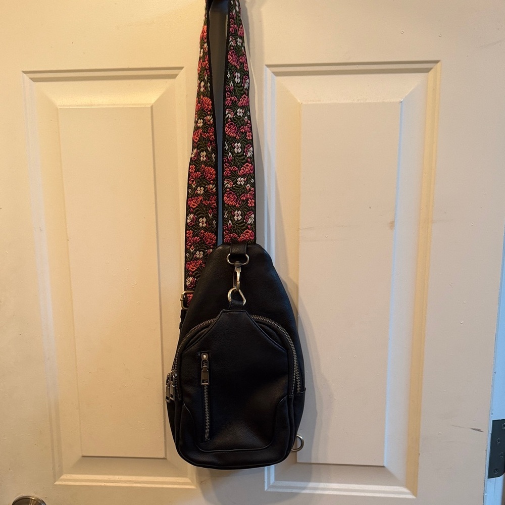 Stylish Black Sling Bag with Floral Strap